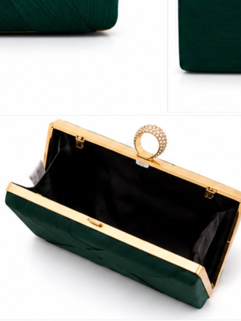 Emerald Green Evening Clutch Gold Tassel Rhinestone Clasp - Picture 3 of 3